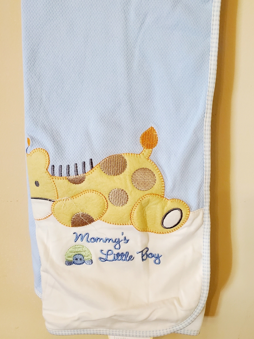 First Moments "Mommy's Little Boy" Blue Blanket with Giraffe Applique